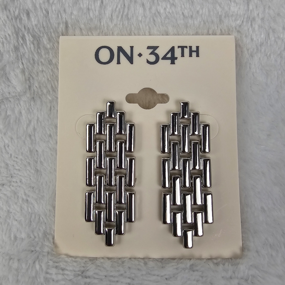 ON 34th Silver Tone Chain Drop Earrings Tower Modern Geometric